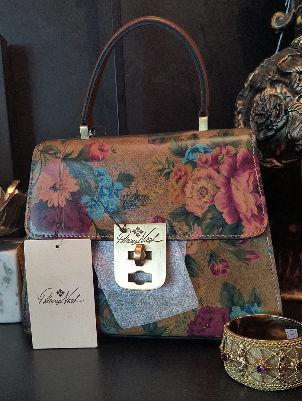Patricia Nash Floral Leather Top Handle Satchel in Brown Multicolor